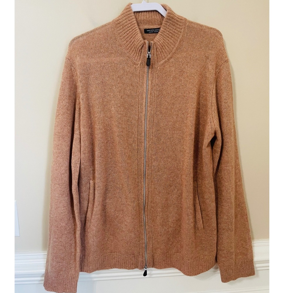 Saks Fifth Avenue Mens XXL 100% Cashmere Full Zip Cardigan Sweater Tan Camel
